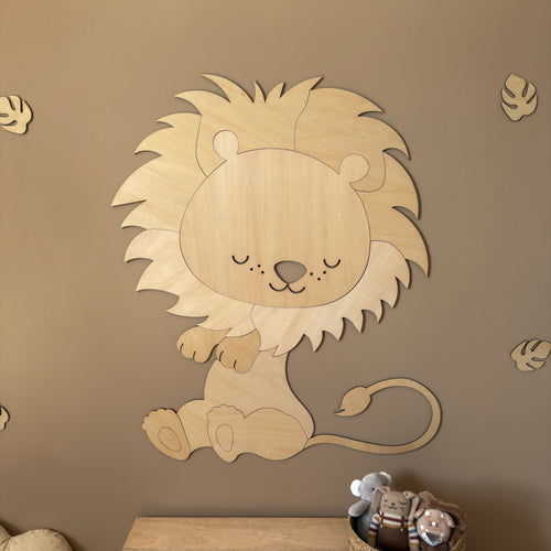 Lion mural en bois XL pour chambre d'enfant sur le thème savane